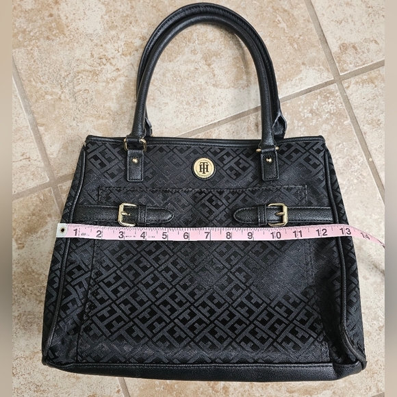Tommy Hilfiger Black Monogram Satchel Bag Purse Classic Preppy Tote Handbag - Picture 7 of 8